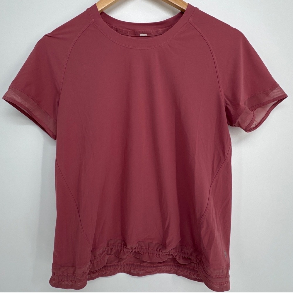 Lululemon Short Sleeve Athletic Top Womens Mauve Pink Mesh Trim Cinched Hem